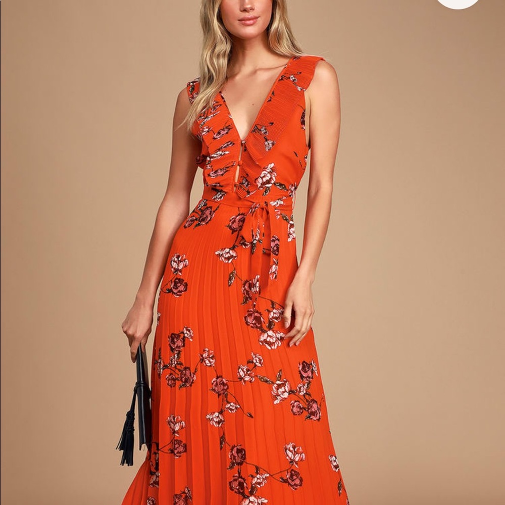 Lulu’s Loved By You Red Orange Floral Print Pleated Chiffon Maxi Dress
